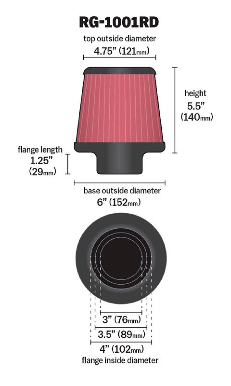 RG-1001RD K&N Universal Air Filter Chrome Round Tapered Red - 4in Flange ID x 1.125in Flange Length x 5.5in H