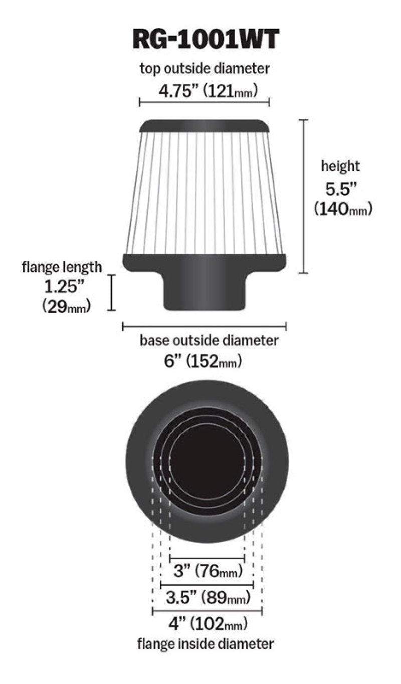 RG-1001WT K&N Universal Filter Chrome Round Tapered White - 4in Flange ID x 1.125in Flange Length x 5.5in H