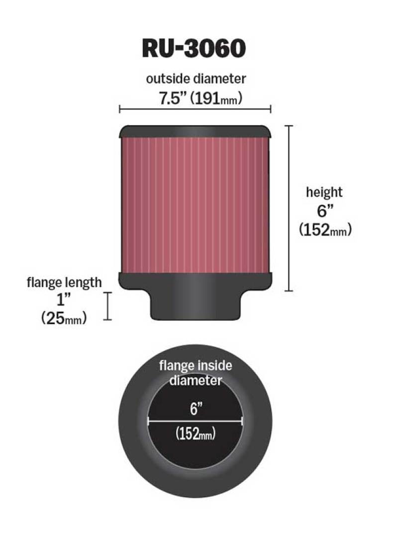 RU-3060 K&N Universal Rubber Filter 6in FLange ID / 7.5in OD / 6in Height / Round Straight