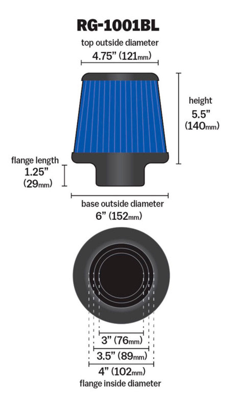 RG-1001BL K&N Universal Air Filter Chrome Round Tapered Blue - 4in Flange ID x 1.125in Flange Length x 5.5in H